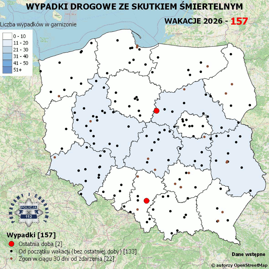 Mapa prezentująca liczbę wypadków poprzedniej doby w Polsce. Prezentowane dane są dostępne w tekście poniżej.