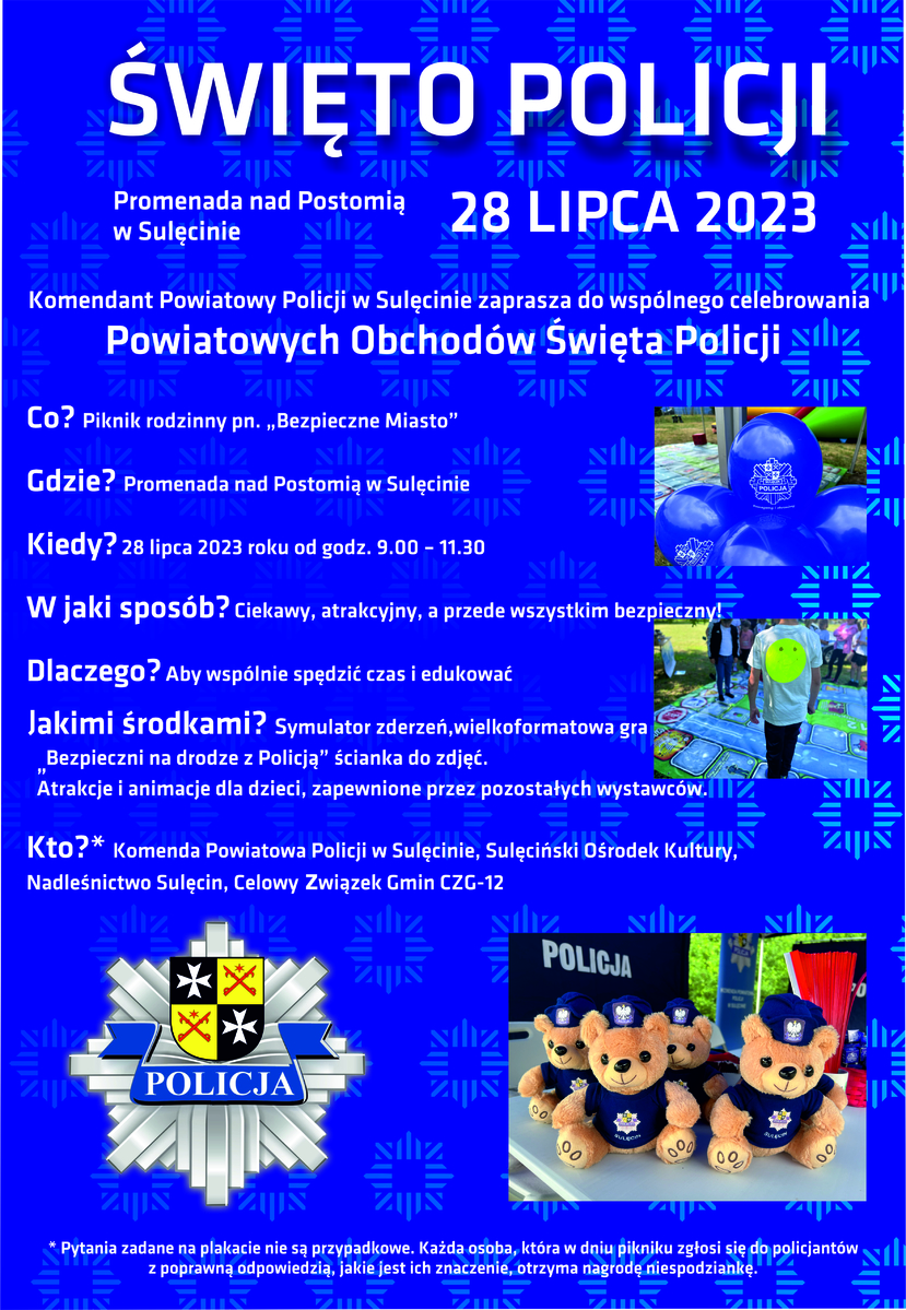 Plakat zapraszający na piknik rodzinny Bezpieczne Miasto z okazji Powiatowych Obchodów Święta Policji. 