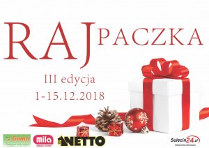 Na białym tle widnieje czerwony napis Raj Paczka. Pod nim grafika prezentu. Obok najważniejsze założenia akcji. Poniżej loga sklepów włączonych w akcję.