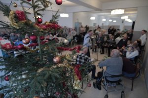 Na pierwszym planie gałązki choinki, na drugim seniorzy, wolontariusze i policjanci podczas wspólnego kolędowania.