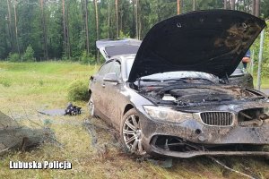 Rozbity pojazd BMW pochodzący z kradzieży.