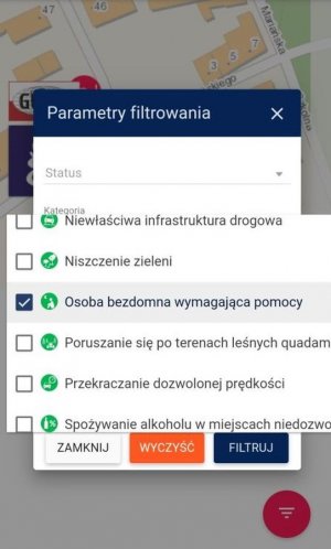 Zrzut ekrany jednej z funkcjonalności aplikacji Krajowa Mapa Zagrożeń Bezpieczeństwa o tytule &quot;osoba bezdomna potrzebująca pomocy&quot;.