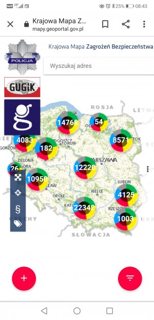 Widok mapy Krajowej Mapy Zagrożeń Bezpieczeństwa