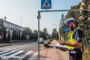 Policjant Ruchu Drogowego stoi przy oznaczonym przejściu dla pieszych. Pisze w notatniku służbowym. W tle widoczna jest szkoła.