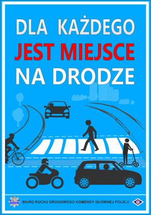 Plakat z napisem dla każdego jest miejsce na drodze. Pod napisem znajduje się rysunek przejścia dla pieszych oraz uczestników ruchu drogowego. Tło plakatu jest niebieskie.