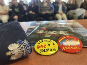 Gazety policyjne, czapka policyjna oraz przypinki na temat unikania narkotyków i dopalaczy.