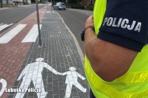 Bok koszulki policjanta na tle ścieżki pieszej i rowerowej.