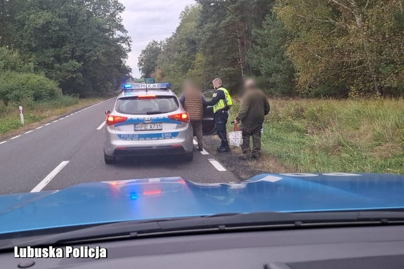 Policjanci prowadzą do radiowozu odnalezionego mężczyznę.