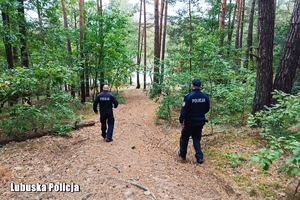 Policjanci podczas poszukiwań w lesie.