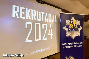 Ekran, na którym wyświetlany jest film promocyjny lubuskiej Policji.