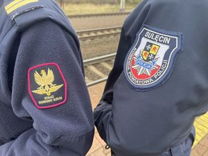 Naszywki na mundurach policjanta i funkcjonariuszki Straży Ochrony Kolei.