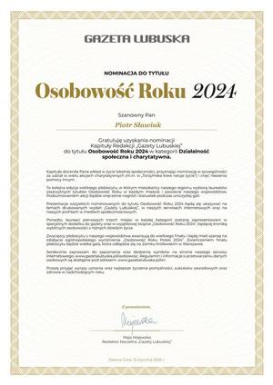 Nominacja do plebiscytu Gazety Lubuskiej &quot;Osobowość Roku 2024&quot;.