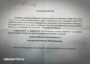 Podziękowanie dla policjantów za odnalezienie 82-latka.