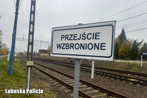 Tory kolejowe z tablicą ostrzegawczą.