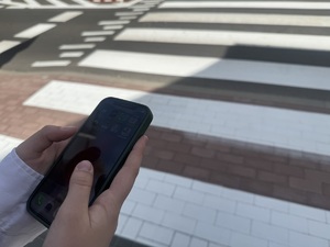 Dłonie dziewczynki trzymające telefon komórkowy na tle przejścia dla pieszych.