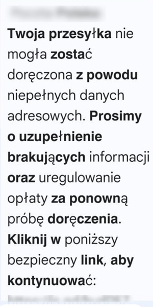 Zrzut ekranu wiadomości od oszustów.
