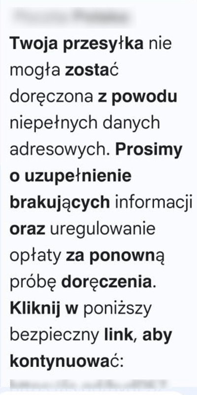 Zrzut ekranu wiadomości od oszustów.