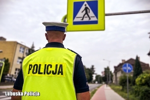Policjant sprawdza stan oznakowania pionowego.