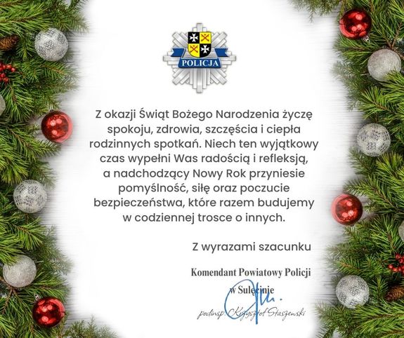 życzenia Komendanta Powiatowego Policji w Sulęcinie z okazji świąt Bożego Narodzenia